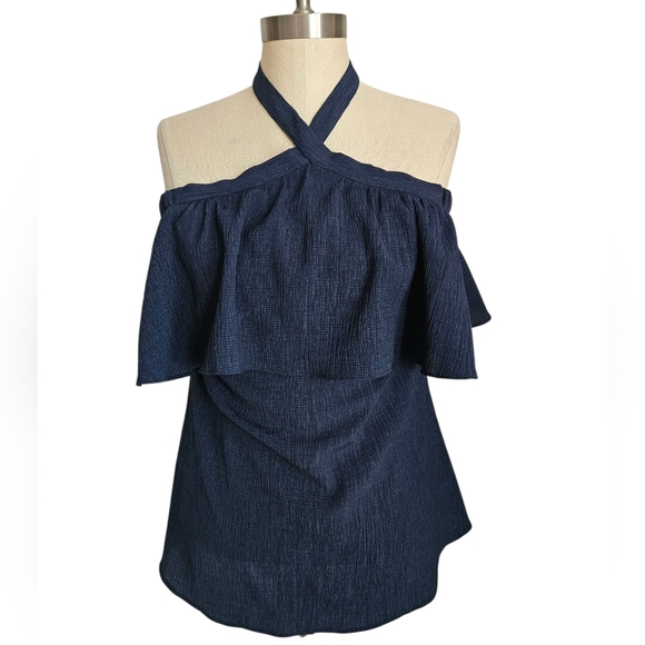 MICHAEL Michael Kors Tops - MICHAEL MICHAEL KORS Navy Blue Off-The-Shoulder Halter Ruffle Top | SZ S